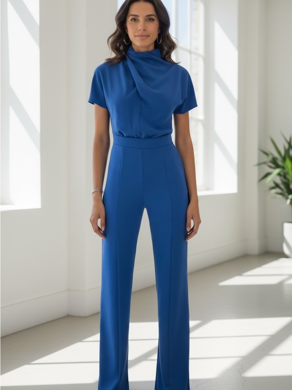 Black Halo Cobalt Blue Short-Sleeve Tailored Wide-Leg Jumpsuit